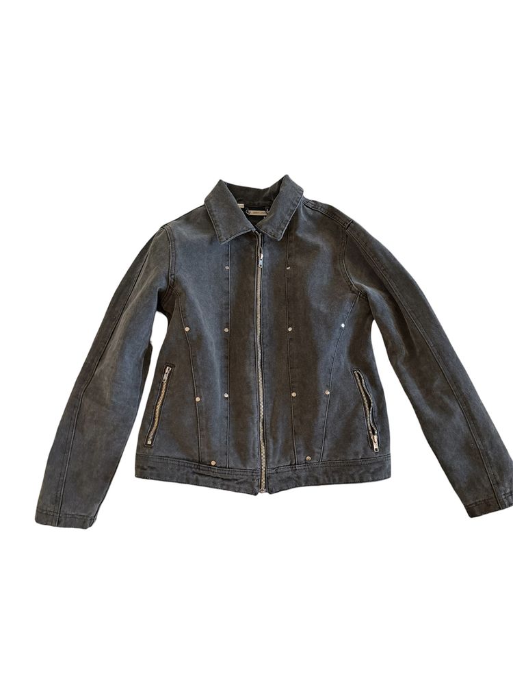 Black Denim Jacket With Zipper Pockets And Stud Details